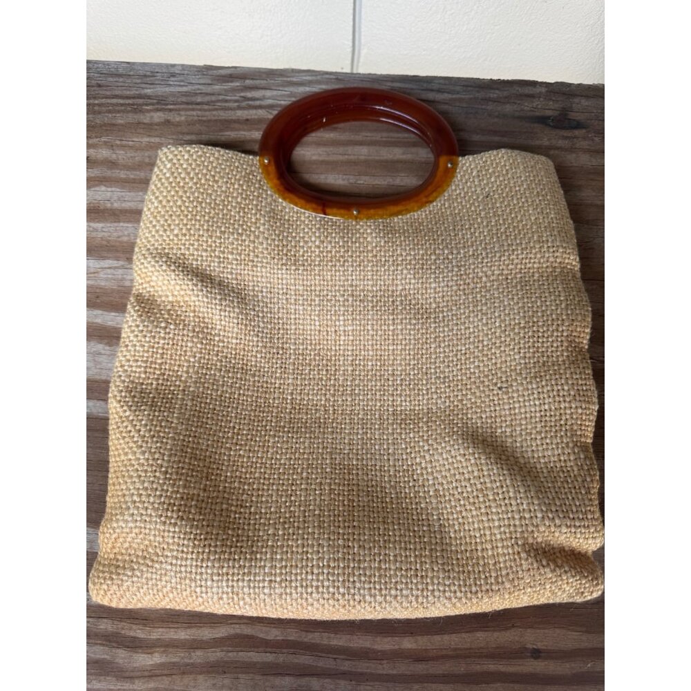 Vintage Woven Straw Handbag With Pink Poodle Appliqué Orange Striped Lining - Picture 2 of 6